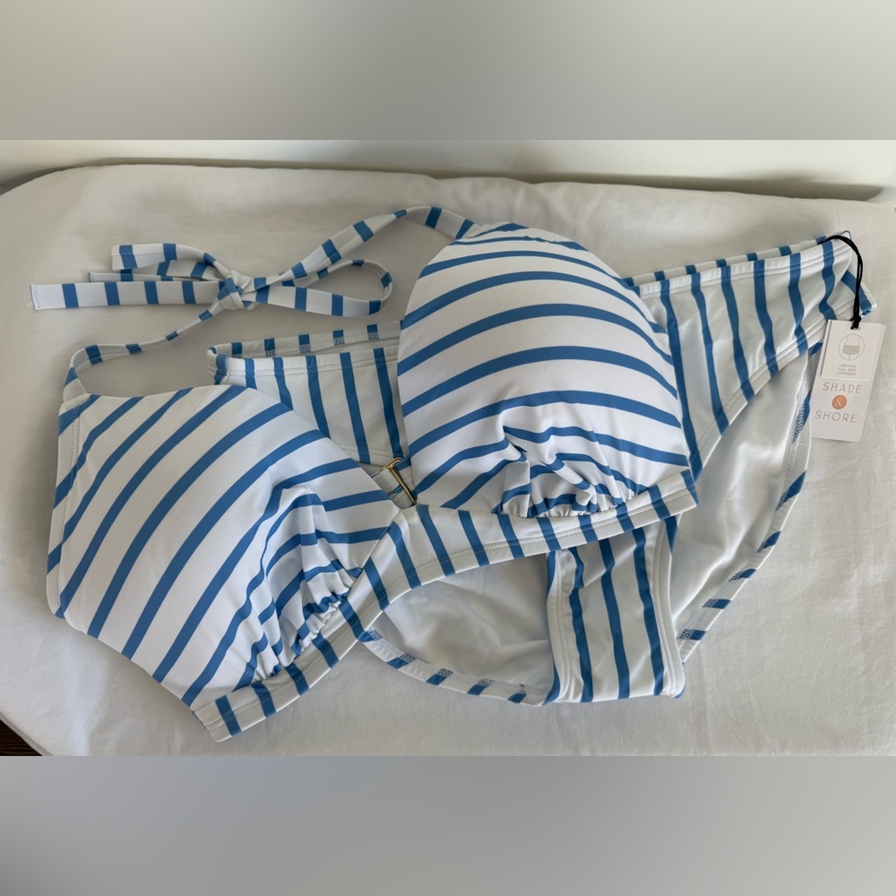 Shade & Shore Blue White Stripe Bikini Set XL (16) Full Coverage 38DD Top NEW